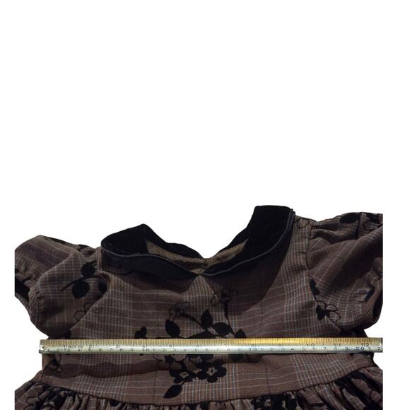 Laura Ashley London Girls Dress Size 4 Brown Plaid Black Velvet Collar & Flowers - Picture 4 of 7